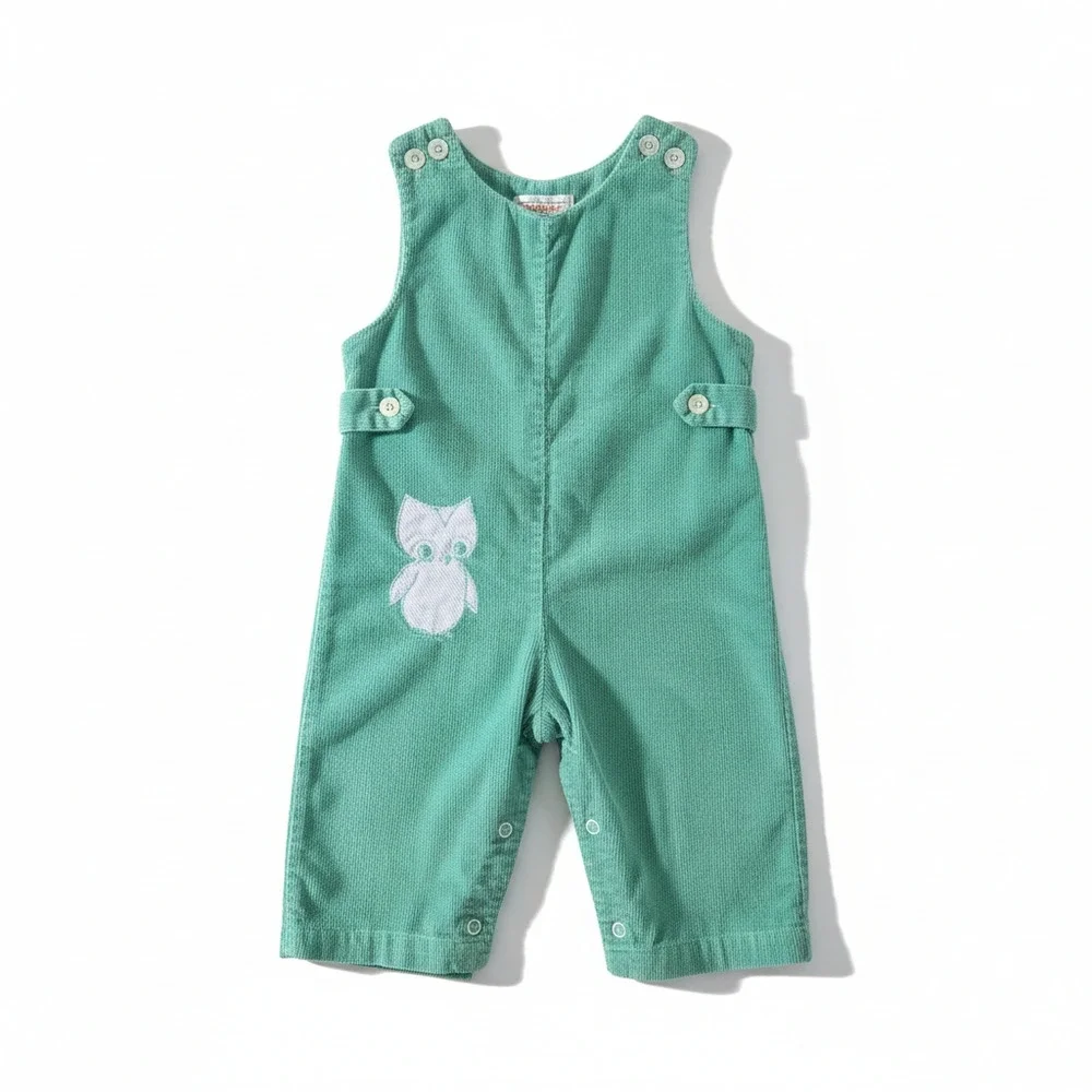 Vintage Baby Corduroy Overalls Mint Green Owl Applique Size 18 Months